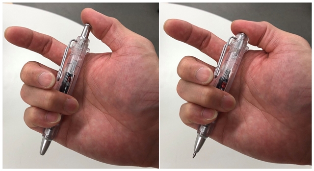 エアプレスは『速書き』や『上向き筆記』『湿った紙への筆記』など機能充実のノック式加圧油性ボールペンです。